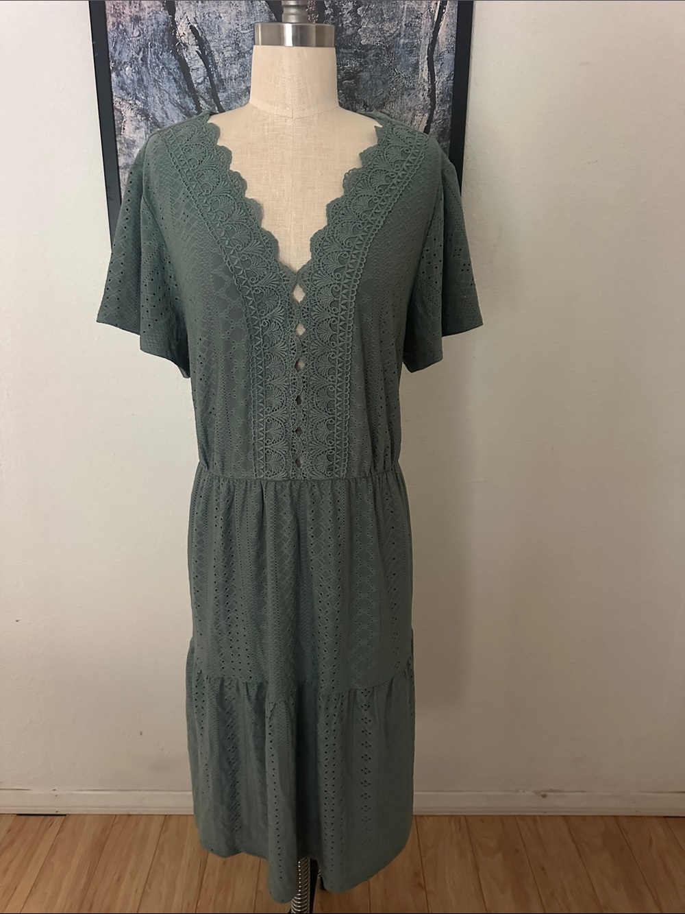 Scalloped V-Neck Eyelet Midi Dress in Sage Green